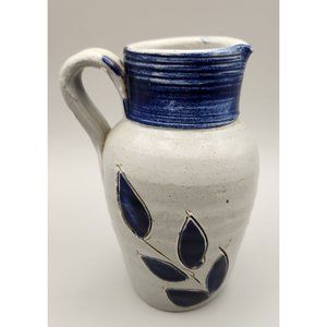Williamsburg Pottery Pitcher Blue Leaves 5" Stamped